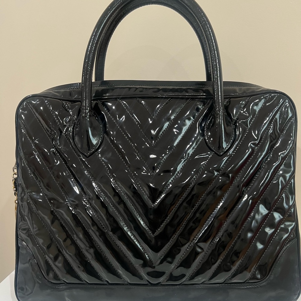 Vintage Chanel Black Chevron Patent Leather Top Handle Bag